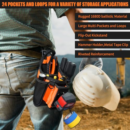 MELOTOUGH Small Electrician Tool Pouch With Belt Clip Attachment - 9 Pockets Tradesman Bag With Tape Thong - Holster for Electricians - color: Orange Electrician Tool Pouch