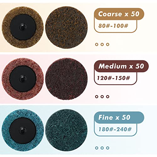 Macarrie 150 Pcs 2 Inch Surface Conditioning Sanding Discs Quick Change Fine Medium Coarse Sanding Pads Die Grinder Accessories for Surface Strip Grind Polish Burr Finish(Aluminum Oxide) - color: yellow,red,blue