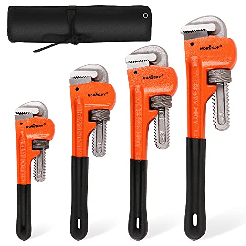 HORUSDY 4 Pack Heavy Duty Pipe Wrench Set, Adjustable 8" 10" 12" 14" Soft Grip Plumbing Wrench Set with Storage Bag - style: 4 Pieces