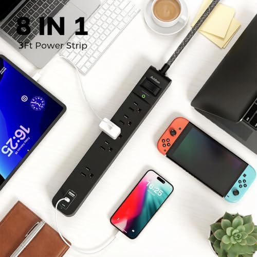 Addtam 2 Pack Power Strip Surge Protector – 5 Wide Spaced Outlets 3 USB - color: Black & Dark Gray, size: 5 FT