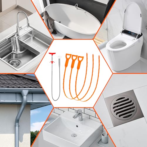 Drain Clog Remover, 25inch Drain Snake Hair Remover(3pcs), Hair Catcher Drain Auger Cleaner Tool Set For Toilet, Kitchen Sink, Bathroom Tub, Sewer