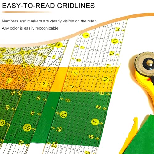 Quilting Ruler, Sewing Ruler, 8 Pack, Acrylic Quilting Templates(6"x17", 3"x17", 2"x16", 1.5"x12", 1"x12", 1"x6", 8"x3"), Non Slip Rings 25 Pieces, Sewing and Quilting Supplies - Clear/Yellow - color: yellow