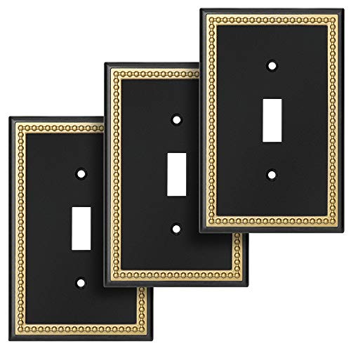Pearled Frame Decorative Wall Plate Switch Plate Outlet Cover (Single Toggle 3PK, Black & Dark Golden) - style: Single Toggle 3PK