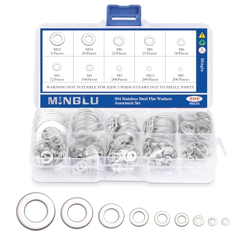 Minglu Washers, 900 Pcs Washers for Screws, 304 Stainless Steel Flat Washers, Flat Washers for Bolts Assortment, Assorted Hardware Lock Metal Washers Kit (9 Sizes-M2 M2.5 M3 M4 M5 M6 M8 M10 M12)