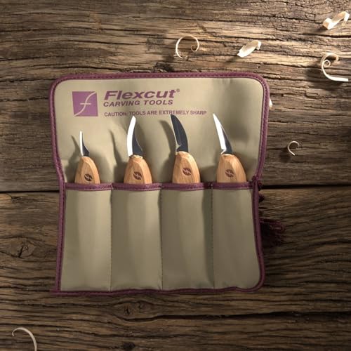 Flexcut Premium Series Wood Carving Tool Set, 4-Piece Kit with Cutting, Detail, Pelican, and Mini-Pelican Knives Plus Tool Roll, Ergonomic Cherry Wood Handles, USA Made