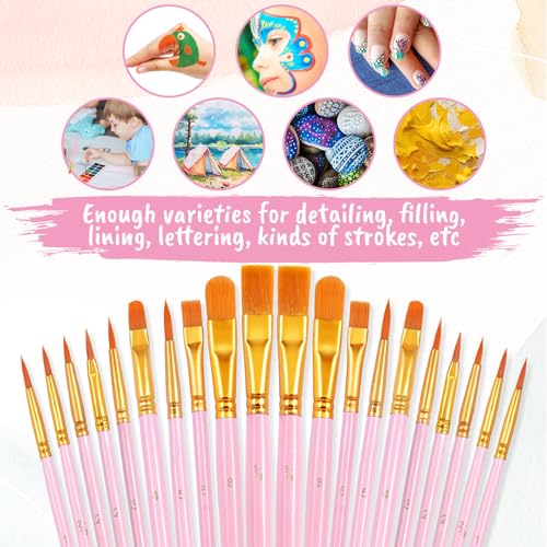 20 PCS Pink Paint Brushes, Nylon Hair Paint Brush Bulk for Acrylic Painting, Cruft Brushes Set for Watercolor Face Detail Painting - color: Pink
