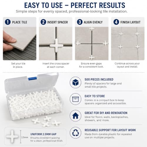 500Pcs Tile Spacers, Tile Spacers for Ceramic and Stone Installation, 2.5mm Cross Separators, Floor and Wall Leveling