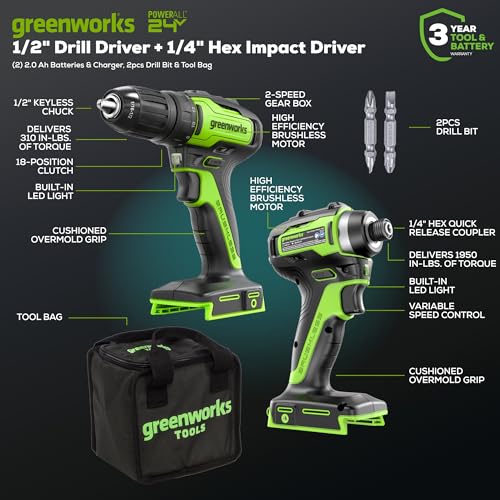 Greenworks 24V MAX Cordless Brushless Drill & Impact Driver Combo Kit, Electric Drill Set, High Torque, Lightweight, Professional Grade, Includes 2x 2.0Ah Batteries, Charger, and Storage Bag - size: 2PCS Combo Kits