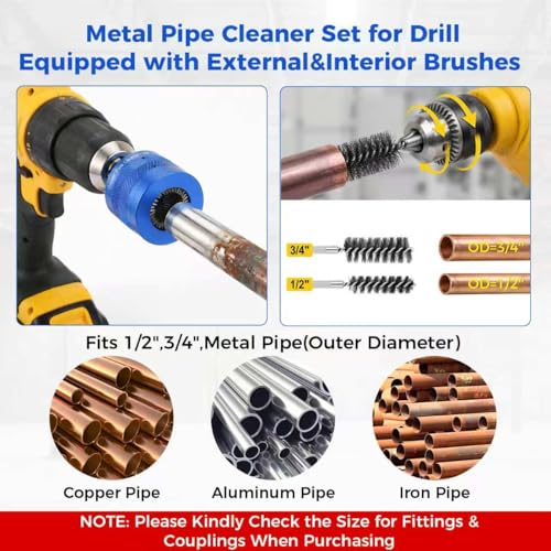1/2" & 3/4" Copper Pipe Cleaner Set for Drill with 1/4" Hex Shank & 2 Pipe Cleaning Brushes & 6 Exchange Blades 2 Copper Metal Pipe Cleaner Kit Plumbing Tools for Rust Stains Paint - size: 1/2" & 3/4"