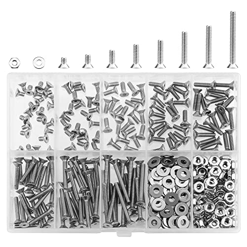 HELIFOUNER 250 Pieces #4-40 x 3/16" 1/4" 5/16" 3/8" 1/2" 5/8" 3/4" 1", Countersunk Head Socket Cap Screws Bolts Washers Nuts Kit, Coarse Thread, Fully Machine Threaded, 304 Stainless Steel - size: #4-40, style: Countersunk Head