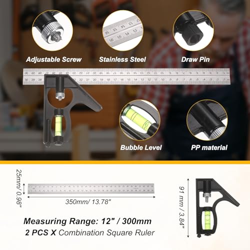 HARFINGTON 2Pcs Combination Square Ruler 12" / 300mm Metric Stainless Steel Carpenter Combo Square Metal Woodworking Measure Tool with Bubble Level for Metalworking and Carpentry, Silver