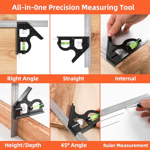 Aluminum Alloy 12in Carpenter Square and 12in Zinc-Alloy Combination Square Set, CNC-Machined with Woodworking Pencil, Carpenter Measuring Layout Tool for Woodworking and Home DIY. - size: 12+12 inch