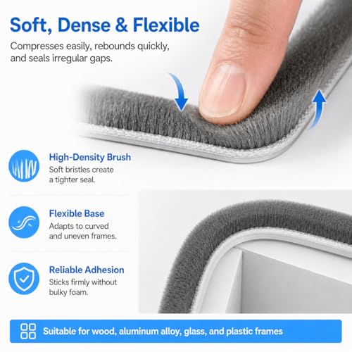 Brush Weather Stripping, Self-Adhesive Pile Door Seal Strip for Sliding Doors and Windows, Felt Weatherstrip Draft Stopper, Soundproof Dustproof Window Gap Seal, Gray, 40FT - size: 0.35" X 0.35" (40FT)