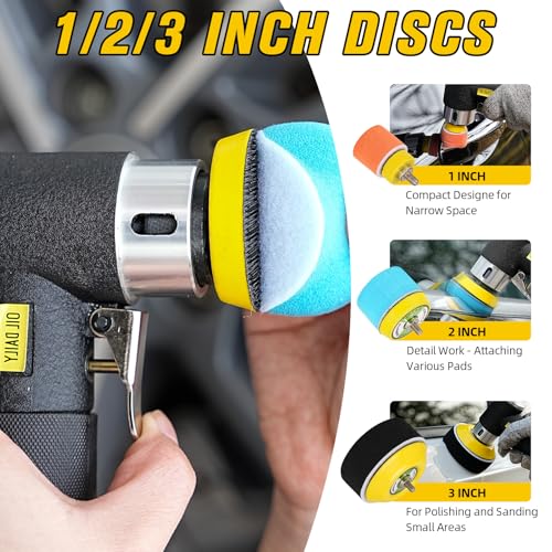 SI FANG 1'' 2'' 3'' Mini Random Orbital Air Sander Kit, Pneumatic Polisher | High Speed Small DA Sanders for Auto Body Work, Includes 27Pcs 1/2/3in Polishing Sponge & Wool Pads, 15Pcs Sandpapers (Black) - style: 1"2"3" Buffer&Sander Kit