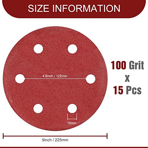 Awutzut 9 Inch 6 Hole Sanding Discs 100 Grit Hook and Loop for Drywall Sander 15PCS - style: 100 Grit
