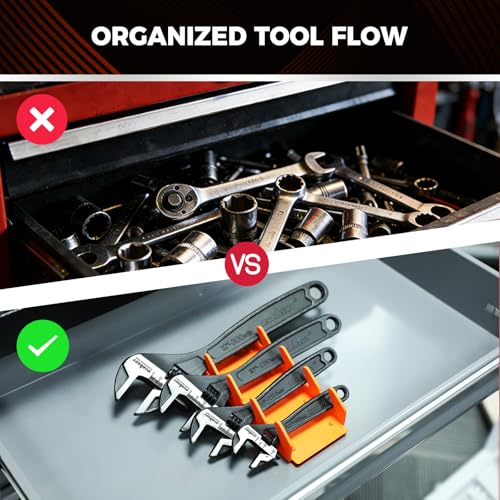 HORUSDY 4-Piece Adjustable Wrench Set With 4-Piece Magnetic Wrench Organizer Racks, 6" 8" 10" Wide Jaw Black Oxide Wrenches with Tool Roll Pouch, Metric&SAE Scales, CR-V Steel for Home Garage Workshop - style: 4PC Wide Jaw Set (6" 8" 10" 12") +4PC Magneti
