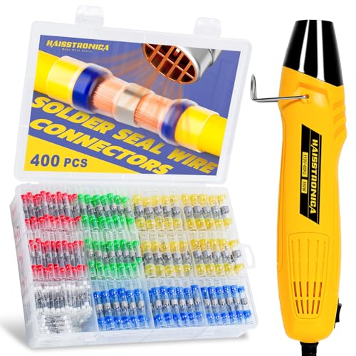 haisstronica 400PCS Solder Seal Connector Kit, 350W Heat Gun, AWG 26-10 | Clear Sleeves, 2 Heat Settings, Focused Nozzle, 4 Color-Coded Sizes, Mini Heat Gun, Tight-Space Repairs - size: 400PCS