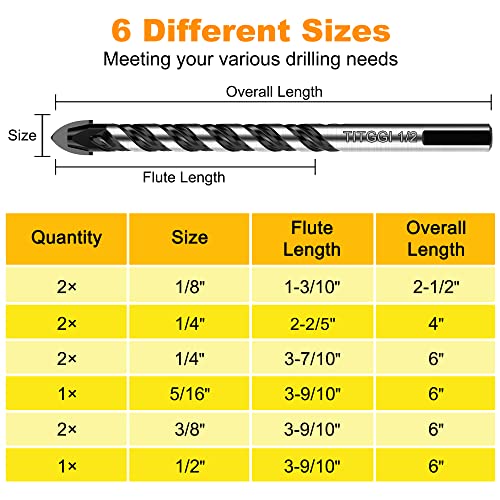 10-Piece Extended Masonry & Concrete Drill Bit Set, Carbide Tips, 1/8"-1/2" - size: 10 pcs 1/8"-1/2" Masonry Drill Bits Set