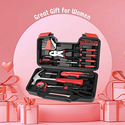 Flexzion 39-Piece Pink Tool Set with Mini Tool Box for DIY Home Repairs - color: Red & Black