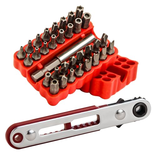 34pcs Security Bit Set 1/4 Inch Hex Shank Screwdriver Bit Set,Tamper Proof Bits-Torx+Hex+Tri Wing+Star+Spanner for Torx Security Screwdriver Set,High Hardness Impact Driver Bit Set (Red+LightRatchet) - color: Red+lightratchet