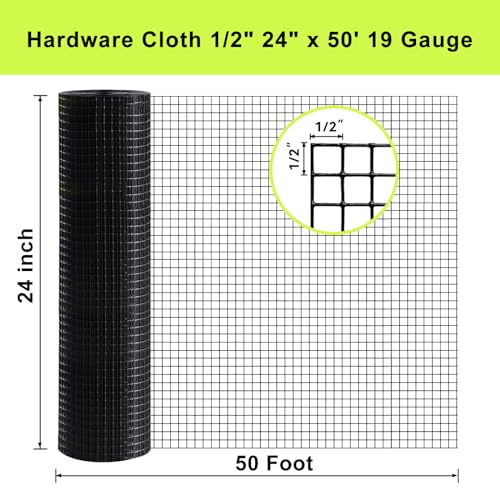 Black PVC Vinyl Coated Wire Mesh Hardware Cloth 1/2in 24”x50’ 19 Ga - size: 1/2" x 1/2" 24" x 50'