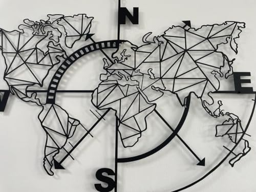 Metal World Map Wall Art Geometric Compass, Wall Decor Art Work, Metal Sign, Home Living Room Decoration, Black (55"W x 41"H / 140x104 cm) - size: 55"L x 41"W