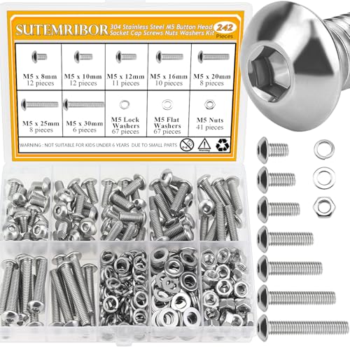 242 Pieces M5 Screws Nuts Washers Set, Sutemribor M5 x 8/10/12/16/20/25/30mm Button Head Socket Cap Screws Nuts Washers Assortment Kit, 304 Stainless Steel, Fully Threaded - size: M5 Screws Kit, style: Button Head