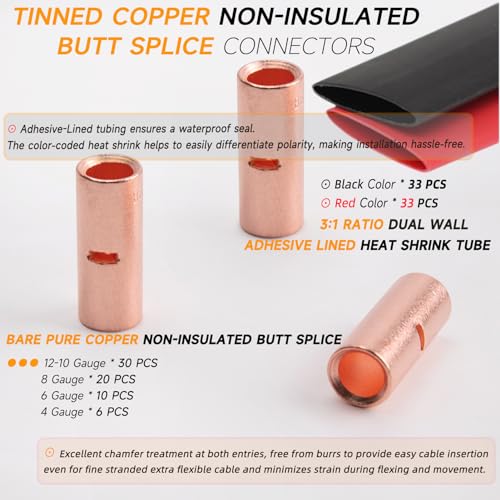 SVAAR Butt Connectors Kit 132PCS 4/6/8/12-10 Gauge Crimp Butt Splice Wire Connectors Non Insulated Butt Splice Connectors Bare Pure Copper 66 PCS Uninsulated Butt Terminals & 66 PCS 3:1 Heat Shrink - color: Non-Insulated Splice - Bare Copper