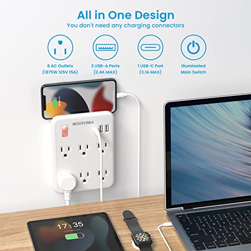 USB Wall Outlet Extender with On Off Switch, Surge Protector Outlet,6 AC Multi-Plug with 3 USB Ports (1 USB C), 490 Joules, Flat Socket Splitter with Spaced Outlet for Home, Office, College