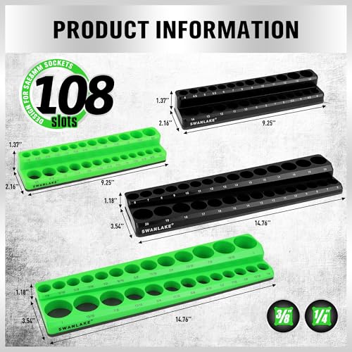 SWANLAKE 4-Piece Magnetic Socket Organizer Set, Metric & SAE Socket Holder Set Includes 1/4", 3/8" Drive Sockets Trays, Magnetic Sockets Organizer for Tool Box Drawer - style: 4PCS Green/Black