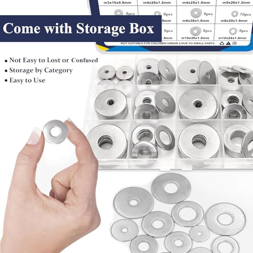 ZQZ 180Pcs Stainless Steel Flat Washers Assortment Kit;Fender Washer M3-M12 - size: 12 Sizes 108 Pieces