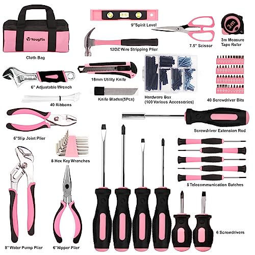 215-Piece Pink Home Tool Kit with Storage Bag for DIY