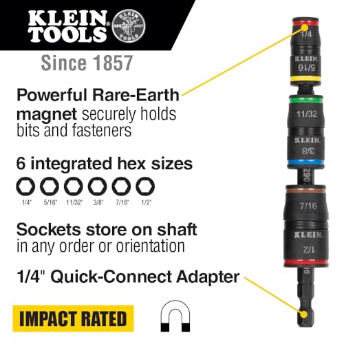 Klein Tools 32907 Impact Driver, 7-in-1 SAE Impact Socket Set, Flip Socket Set with 1/4, 5/16, 11/32, 3/8, 7/16 and 1/2-Inch Nut Driver Sizes and 1/4-Inch Bit Holder, 5-Inch Shaft - color: 7-in-1 W/ 11/32-inch