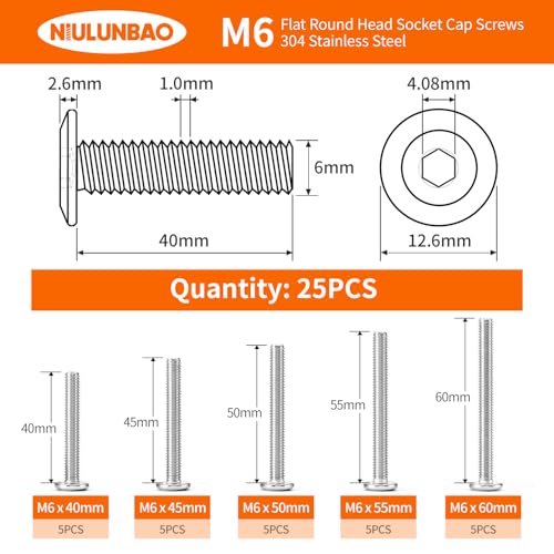 M6 x 40mm 45mm 50mm 55mm 60mm Flat Round Head Hex Socket Cap Screws Bolts, Furniture Screws, 304 Stainless Steel, Metric Fully Threaded, Allen Hex Drive, Bright Finish, Assortment Kit 25PCS - size: M6 x 40/45/50/55/60mm (25PCS)