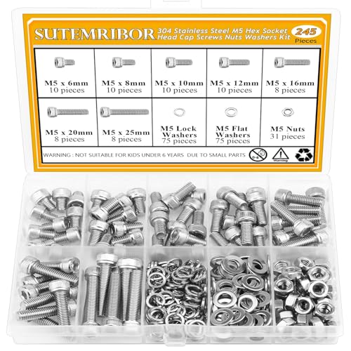 245 Pieces M5 Screws Nuts Washers Set, Sutemribor M5 x 6/8/10/12/16/20/25mm Hex Socket Head Cap Screws Nuts Washers Assortment Kit, 304 Stainless Steel, Fully Threaded - size: M5, style: Socket Head