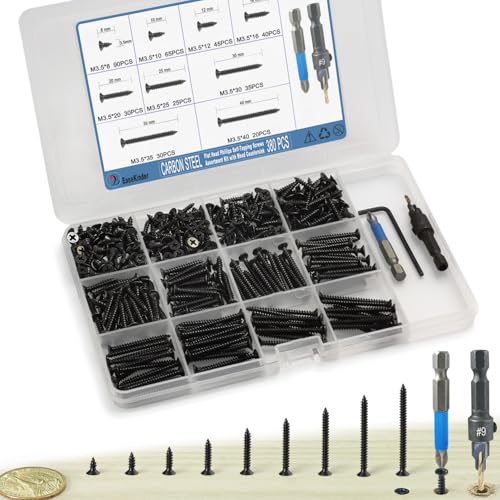 380PCS Flat Head Phillips Wood Screws Assortment Kit with Countersink | High Quality, Strong Rust-proof, 9 Lengths, Included Bit, Great Grip, Ease of Use - size: CSQ235 M3.5