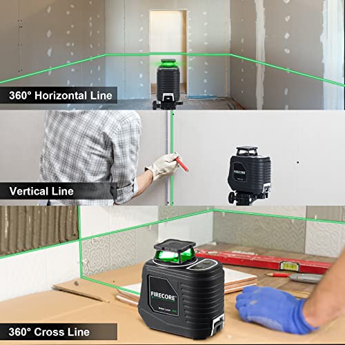 Laser Level with Tripod, Firecore 360° Self Leveling Laser Level with Pulse Mode, 3 Brightness Levels, Green Line Lazer Leveler Tool for Picture Hanging Wall Tile Floor DIY Construction Project - style: 360° Cross Line Laser w/39.5" Tripod