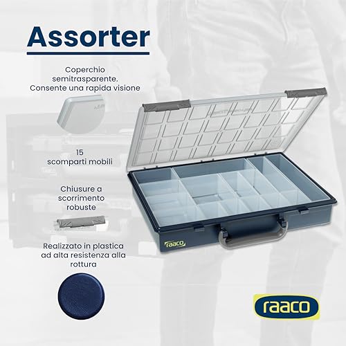 Raaco Assorter 55 4x8-15 Tool Box Organizer, 15-Slot, Semi-Transparent - size: Full-Size –15 Slots, style: Adjustable Grid