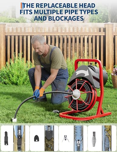 Garvee Drain Cleaner Machine, 75 Ft x 1/2 Inch Steel Core Cable, Portable 370 W Electric with Sewer Auger, Cutter, Air-Activated Foot Switch, for Commercial, Home