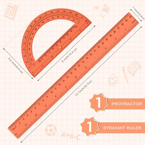 Zonon 2 Pcs 12 Inch Clear Ruler and 6 Inch Plastic Protractor Set, Orange - color: Orange