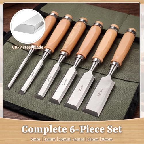 10 Pcs Woodworking Tools Set, Includes 6 Wood Chisel CR-V Steel Beveled Blades (1/4", 1/2", 3/4", 1", 1 1/4", 1 1/2"), 3 Japanese Hand Saws SK5 Blade & Solid Beech Mallet for Carpenter DIY