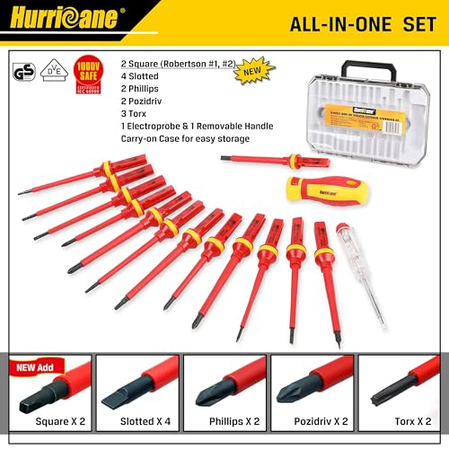 HURRICANE 1000V Insulated Screwdriver Set, 15 Piecse Professional Insulated Electrician Screwdriver Set, CR-V Magnetic Tips, Square(Robertson) Phillips Slotted Pozi Torx Insulated Electrician Tool Kit - size: 15-Piece Complete Insulated Screwdriver Set