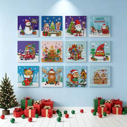 12 Packs Christmas Pre Drawn Canvas to Paint， 6” X 6” Pre Printed Canvas Boards, Pre Stretched Outline Painting Kits for Beginners, Adults, Party Favors & Romantic Craft Activities