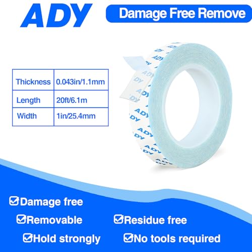 ADY Double Sided Tape Heavy Duty Removable 1in x 20ft, Clear Mounting Tape for Walls, Picture Hanging Strips Damage Free - color: Clear