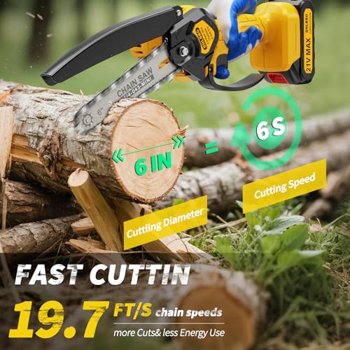 Mini Chainsaw - 6 Inch Battery Chainsaw with Power Display, 2 Batteries Included, Garden Tool for Tree Branch Trimming & Wood Cutting, Ideal Holiday Gifts for Men, Fathers & Gardening Enthusiasts - color: Yellow03