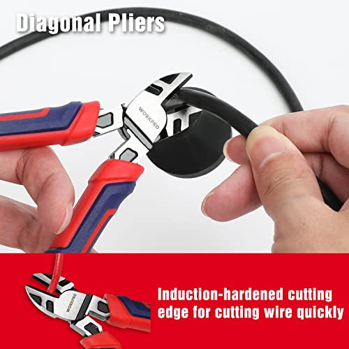 WORKPRO 4-Piece Pliers Set, Premium CR-V Construction Tool Set | Including Long Nose, Diagonal Cutting, Groove Joint and Slip Joint Pliers - Red - color: Red