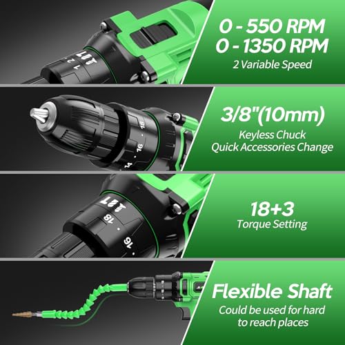 20V Cordless Drill, Electric Power Drill Set with Battery Charger and Carrying Case, 3/8” Keyless Chuck, 2 Variable Speed, 18+3 Torque, 72pcs Driver Bits and Belt Hook, Green