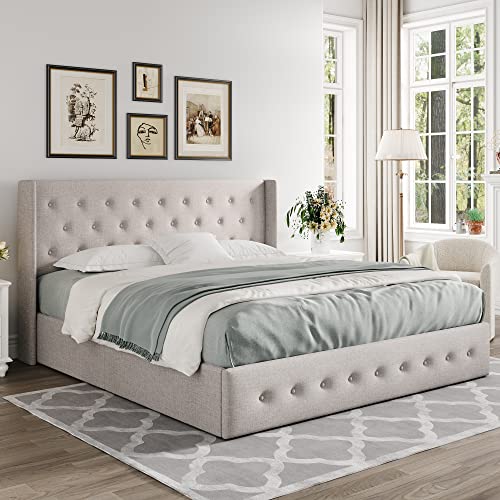 Allewie Queen Size Lift Up Storage Button-Tufted Bed Frame Light Beige - color: Beige, size: Queen, style: Traditional