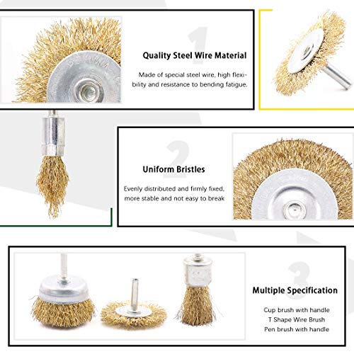 Keadic 9 Pieces Brass Wire Brushes Cup Wheels Brush Set with 1/4 Inch Shank, Polishing Attachment Die Grinder Rotary Tools Accessories for Cleaning Rust Corrosion