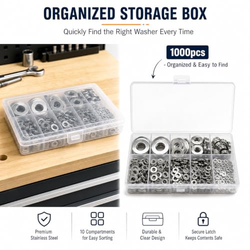 1000PCS Flat Washer Assortment Kit – Stainless Steel,9 Sizes (M2 M2.5 M3 M4 M5 M6 M8 M10 M12) for Screws, Bolts, Industrial, DIY, Furniture & Automotive Projects